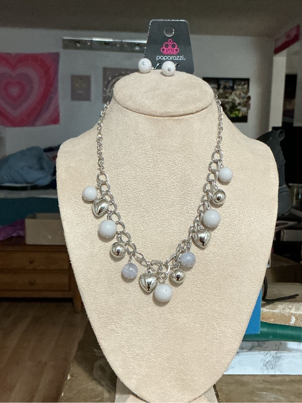 paparazzi Silver Necklace & Earrings Set with White Bead Charms